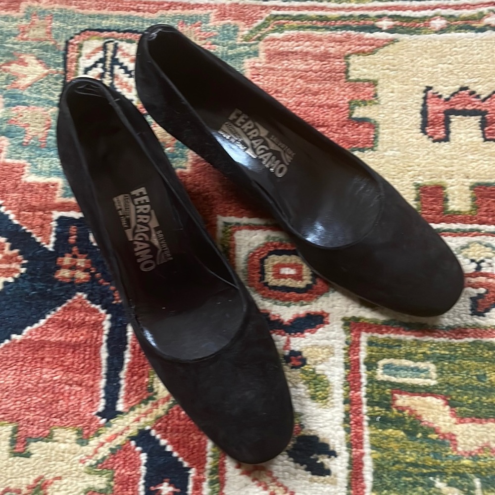 Black suede Ferragamo kitten heels